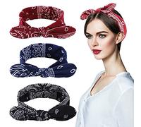 TSHAOUN 3 Pieces Head Scarf for Women,Retro Headbands,1940s Head Scarf Bandana Rosie The Riveter Headband Bow Headbands Vintage Boho Bow Pattern,eadband Headwrap for Girls and Women (3 PCS)