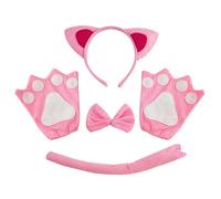 TSHAOUN 4-Piece Cat Costume Set - Pink Cat Ears, Bow Tie, Tail, Paw Gloves - Kids Girls Fancy Dress Up Cosplay Halloween Birthday Carnival