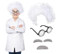 TSHAOUN 4 Pieces Mad Scientist Costume Include Lab Wig Funny Nerd Glasses Mustaches Eyebrows Frizzy White Scientist Lunatic Wig Old Man Costume Fancy Dress for Festival Party Stage Cosplay (4PCS)