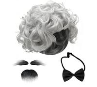 TSHAOUN 5 Pcs Old Man Costume Set, Mad Scientist Professor Wig Gray Beard Eyebrows Bow Tie, Grandpa Costume for Halloween Festival Cosplay, Men's Wig Fancy Dress (Grey)