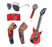 TSHAOUN 6 Pcs Punk Rocker Party Kit, Gothic Kit, 70s 80s 90s Disco Costume Accessories, Inflatable Microphone, Large Inflatable Guitar, Tattoo Sleeves Arm, Vintage Red Headband, Sunglasses (6 Pack)