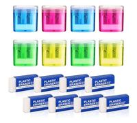 TSHAOUN 8Pcs Pencil Sharpeners,Manual Colorful Dual Holes Sharpener with Lid and 8PCS White Plastic Eraser,Sharpener with Lid for Kids Adults Students School Class Home Office. (Colored)