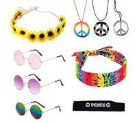 TSHAOUN 9 Pc Retro Costume Set, Including Round Sunglasses, Peace Sign & Sunflower Necklaces, Colorful Hippie Headband for 70s/80s Dressing Party Supplies