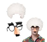 TSHAOUN Funny Costume Old Man Mad Scientist Frizzy White Wig Set Funny Eye Glasses Halloween Disguise Wig Glasses with Funny Nose Eyebrows Mustache for Adult/Kids Fancy Dress Costume Party (White)