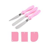 TSHAOUN Icing Spatulas Set 3 Pcs Stainless Steel Spatulas with 3 Pcs Plastic Cake Scrapers for Cream Spreading Cake Decorating, Frosting Pastries, Cupcake (Pink)