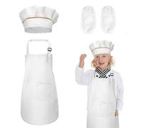 TSHAOUN Kids Chef Hat Apron Sleeves Set Adjustable Apron with 2 Pockets Kids Chef Outfit for 5-12 Years Old Kids Painting Cooking Baking Gardening at Home Kitchen School Outdoors (Large, White)