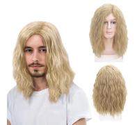 TSHAOUN Mens Blonde Wig Mid Length Curly Hair, 16''/40 cm Pop Rocking Dude Wig for Adult, Handsome Cosplay Wigs for 70s 80s Fancy Dress Daily Costume Party Halloween (Blonde)