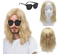 TSHAOUN Mens long Blonde Wig, 16 Inch/40 cm Mid Length Mens Curly Hair Wig for Adult, Pop Rocking Dude Wigs and Sunglasses, 70s 80s Men’s Fancy Dress Party Wigs for Costume Cosplay Halloween (Blonde)