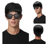 TSHAOUN Mens Short Wig Black Layered Natural Synthetic Cosplay Hair Wig, 70s 80s Disco Short Straight Fluffy Costume Wigs, Handsome Men's Daily Costume Rocking Dude Wig Punk Metal Rocker Wigs (Black)