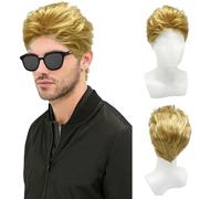 TSHAOUN Mens Short Wig Blonde Layered Natural Handsome Wavy Hair Wig, 80s Disco Short Curly Fluffy Cosplay, Men's Daily Use Costume Fancy Dress Rocking Dude Men's Costume (Blonde)