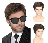 TSHAOUN Mens Short Wig Brown Layered Natural Handsome Wavy Hair Wig 70s 80s Disco Short Curly Fluffy Cosplay, Men's Daily Use Costume Fancy Dress Rocking Dude Men's Costume (Brown)