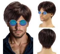 TSHAOUN Mens Short Wig Brown Layered Natural Synthetic Cosplay Hair Wig 70s 80s Disco Short Curly Fluffy Costume Wigs, Handsome Men's Daily Costume Rocking Dude Punk Metal Rocker(Brown)