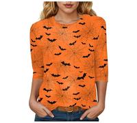 Tshirt Halloween Tshirts for Women 3/4 Sleeve Halloween Tshirts Women Crewneck Tops Shirts T Shirt Round Neck GhostsPumpkinsSpiders T Shirt (Orange, XXL)