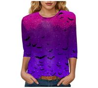 Tshirt Halloween Tshirts for Women 3/4 Sleeve Halloween Tshirts Women Crewneck Tops Shirts T Shirt Round Neck GhostsPumpkinsSpiders T Shirt (Purple, L)