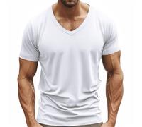 Tshirts Men UK Plain V-Neck Short Sleeve Slim Fit Quick-Dry Moisture Wicking Stretch Breathable T Shirt Gym Workout Athletic Muscle Training Outdoor Top (White, L)