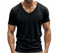 Tshirts Men UK Plain V-Neck Short Sleeve Slim Fit Quick-Dry Moisture Wicking Stretch Breathable T Shirt Gym Workout Athletic Muscle Training Outdoor Top (Black, XXL)