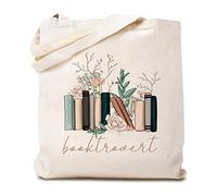 TSIIUO Women's Booktrovert Canvas Tote Bag Funny Flowers Books Graphic Book Lover Gift Reading Reusable Shopping Bag, White, 15.8 x 13.5 inches