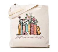 TSIIUOWomen's Just One More Chapter Canvas Tote Bag Cute Book Floral Graphic Funny Reading Reusable Shopping Bag, White, 15.8 x 13.5 inches