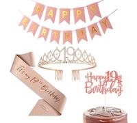 Tsilin Happy 19th Birthday Party Favor Supplies for Women, Sash Tiara Crown Rose Gold Cake Topper Banner, Gift for Girls Party Decorations