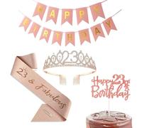 Tsilin Happy 23rd Birthday Party Favor Supplies for Women, Sash Tiara Crown Rose Gold Cake Topper Banner Gift for Ladies Decorations (BW-01)