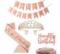 Tsilin Happy 65th Birthday Party Favor Supplies for Women, Rose Gold Birthday Cake Topper, Tiara Crown, Sash, Happy Birthday Banner, Gift For Women Birthday Party Decoration