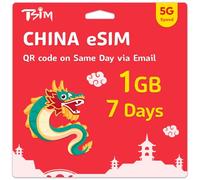 TSIM China eSIM 07 Days | 1GB High Speed Data | Get eSIM Same Day via Email and Start Using! No Need to Wait for Package! | Auto Activating | Hotspot Sharing Allowed