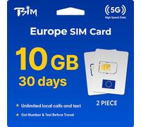 TSIM Europe SIM Card for Travel 30 Days 10GB - 2 piece |Unlimited Local Calls and Text | Get Number & Test Before Travel | 30+ Countries Austria, France, Germany, Italy, Switzerland, Spain, UK