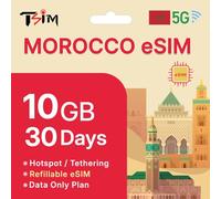 TSIM Morocco eSIM 30 Days | 10GB High Speed Data | Auto Activating | Hotspot Sharing Allowed | eSIM QR Code Sent by email Within 24Hrs of Shipping | Scan QR Code and use Immediately | Data Only.