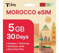 TSIM Morocco eSIM 30 Days | 5GB High Speed Data | Auto Activating | Hotspot Sharing Allowed | eSIM QR Code Sent by email Within 24Hrs of Shipping | Scan QR Code and use Immediately | Data Only.