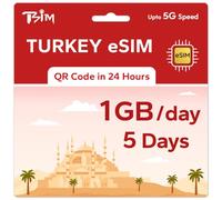 TSIM Prepaid Turkey eSIM for Travel | 05 days 1GB/day 5G Speed | Hotspot Allowed | eSIM QR Code Sent by Email within 24Hrs of Shipping | Scan QR Code and use Immediately | Data Only No Voice