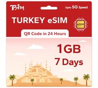 TSIM Prepaid Turkey eSIM for Travel | 07 days 1GB 5G Speed | Hotspot Allowed | eSIM QR Code Sent by Email within 24Hrs of Shipping | Scan QR Code and use Immediately | Data Only No Voice