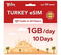 TSIM Prepaid Turkey eSIM for Travel | 10 days 1GB/day 5G Speed | Hotspot Allowed | eSIM QR Code Sent by Email within 24Hrs of Shipping | Scan QR Code and use Immediately | Data Only No Voice
