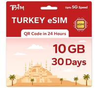 TSIM Prepaid Turkey eSIM for Travel | 30 days 10GB 5G Speed | Hotspot Allowed | eSIM QR Code Sent by Email within 24Hrs of Shipping | Scan QR Code and use Immediately | Data Only No Voice