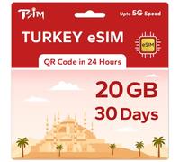 TSIM Prepaid Turkey eSIM for Travel | 30 days 20GB 5G Speed | Hotspot Allowed | eSIM QR Code Sent by Email within 24Hrs of Shipping | Scan QR Code and use Immediately | Data Only No Voice