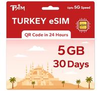 TSIM Prepaid Turkey eSIM for Travel | 30 days 5GB 5G Speed | Hotspot Allowed | eSIM QR Code Sent by Email within 24Hrs of Shipping | Scan QR Code and use Immediately | Data Only No Voice