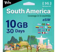 TSIM South America eSIM 30 Day-10GB | Multi-Operator 5G/4G Network (Hotspot Allowed) | Use in Brazil, Chile, Colombia, Argentina, Ecuador & More | eSIM in 24 Hours | Auto-Activating