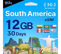TSIM South America eSIM 30 Day | 12 GB Internet in 5G/4G/LTE (Data Sharing Allowed) | Use in Brazil, Chile, Colombia, Peru, Uruguay & Costa Rica | eSIM in 24 Hours | High Coverage 5G Network.