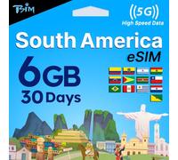TSIM South America eSIM 30 Day | 6 GB Internet in 5G/4G/LTE (Data Sharing Allowed) | Use in Brazil, Chile, Colombia, Argentina, Bolivia, Peru & More | eSIM in 24 Hours | High Coverage 5G Network.