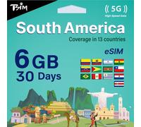 TSIM South America eSIM 30 Day-6GB | Multi-Operator 5G/4G Network (Hotspot Allowed) | Use in Brazil, Chile, Colombia, Argentina, Ecuador & More | eSIM in 24 Hours | Auto-Activating