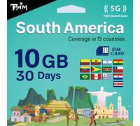 TSIM South America SIM Card 30 Day-10GB | Multi-Operator 5G/4G Network (Hotspot Allowed) | Use in Brazil, Chile, Colombia, Argentina, Bolivia, Ecuador & more | Auto-Activating.