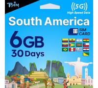 TSIM South America SIM Card 30 Day | 6 GB Internet in 5G/4G/LTE (Data Sharing Allowed) | Use in Brazil, Chile, Colombia, Argentina, Bolivia, Peru & more | High Coverage 5G Network.