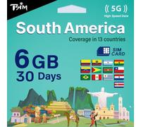 TSIM South America SIM Card 30 Day-6GB | Multi-Operator 5G/4G Network (Hotspot Allowed) | Use in Brazil, Chile, Colombia, Argentina, Bolivia, Ecuador & more | Auto-Activating.