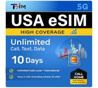 TSIM USA eSIM 10 Days with Call Home | High Coverage | Unlimited Data on AT&T Network | Unlimited Local + International Call/Texts in USA (including Alaska) | Get eSIM Same Day!