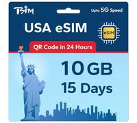 TSIM USA eSIM 15 Day 10GB | High Coverage Multi-Operator 5G Network | Auto-Activating | Refillable Plan | Hotspot Allowed | eSIM QR Code Sent by Email within 24Hrs of Shipping | Data Only
