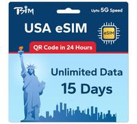 TSIM USA eSIM 15 Day | Unlimited Data | High Coverage Multi-Operator 5G Network | Auto-Activating | Refillable Plan | Hotspot Allowed | eSIM QR Code Sent by Email within 24Hrs of Shipping | Data Only