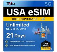 TSIM USA eSIM 21 Days with Call Home | High Coverage | 50GB High Speed Data on AT&T Network | Unlimited Local + International Call/Texts in USA (including Alaska) | Get eSIM Same Day!