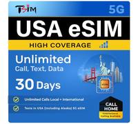 TSIM USA eSIM 30 Days with Call Home | High Coverage | Unlimited Data on AT&T Network | Unlimited Local + International Call/Texts in USA (including Alaska) | Get eSIM Same Day!