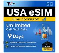 TSIM USA eSIM 9 Days with Call Home | High Coverage | 50GB High Speed Data on AT&T Network | Unlimited Local + International Call/Texts in USA (including Alaska) | Get eSIM Same Day!