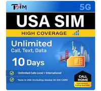 TSIM USA SIM Card 10 Days with Call Home | High Coverage | Unlimited Data on AT&T Network | Unlimited Local + International Call/Texts in USA (including Alaska) 5G SIM Card!