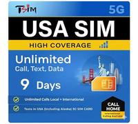 TSIM USA SIM Card 9 Days with Call Home | High Coverage | Unlimited Data on AT&T Network | Unlimited Local + International Call/Texts in USA (including Alaska) 5G SIM Card!